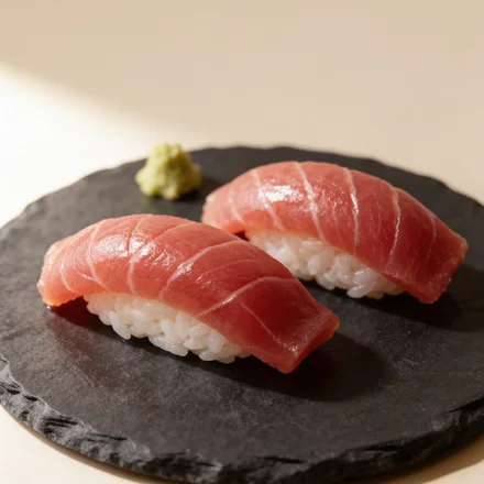 Due nigiri di otoro su ardesia