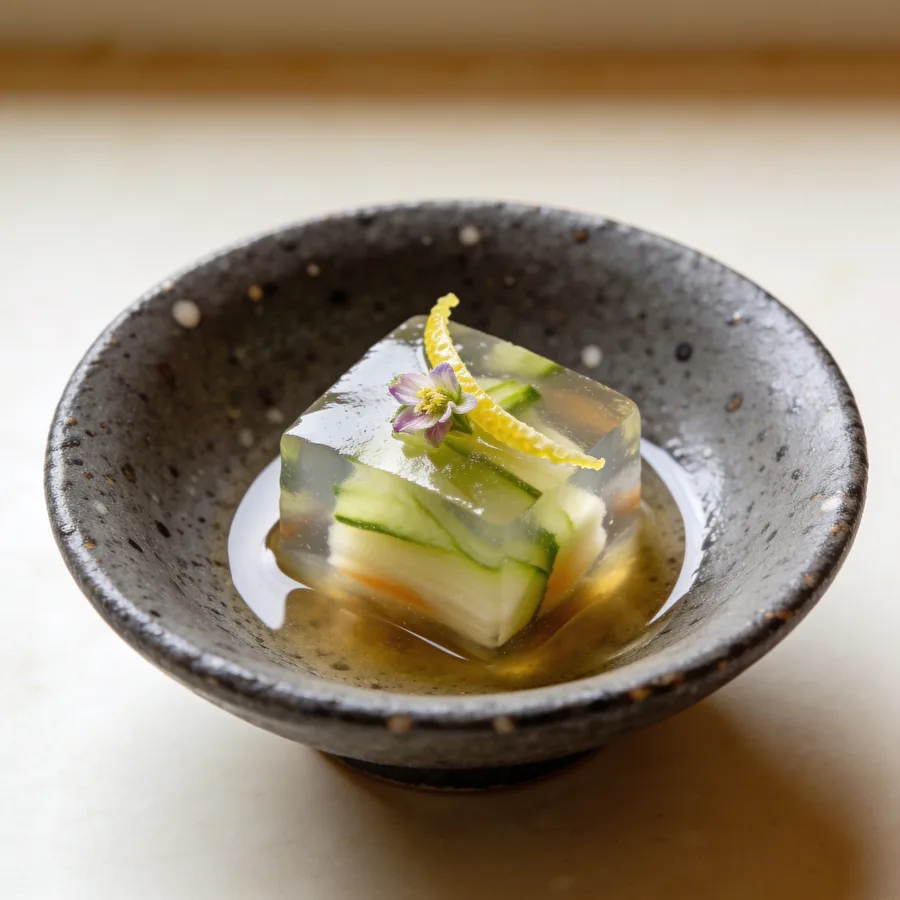 Antipasto in gelatina con cetriolo in ciotola di ceramica